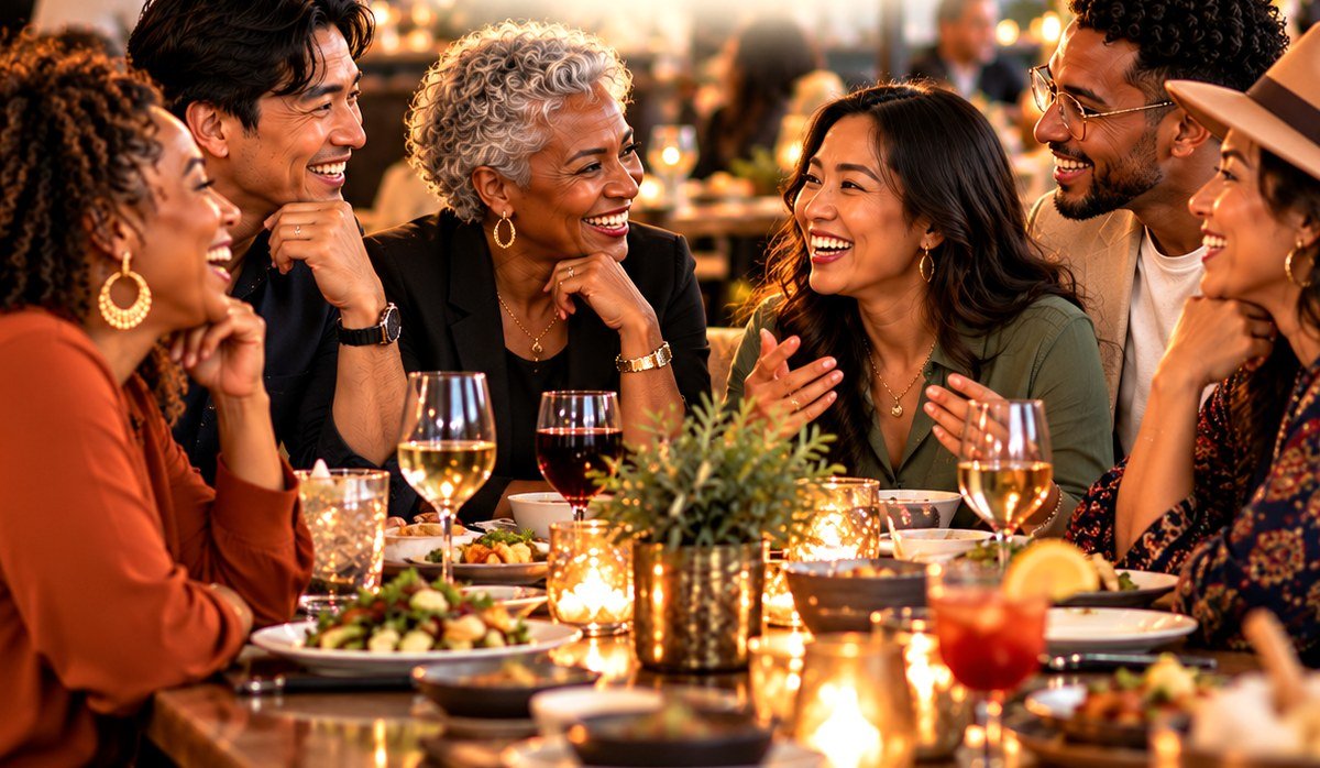 A welcoming conversation in a bright restaurant
